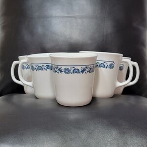 Vintage Corning USA Made Blue Onion Cups Floral Scroll Milk Glass Mugs Set of 6